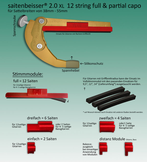 saitenbeisser® 2.0 xl 12 string full & partial capo für Sattelbreiten von 38mm - 55mm inkl. Module